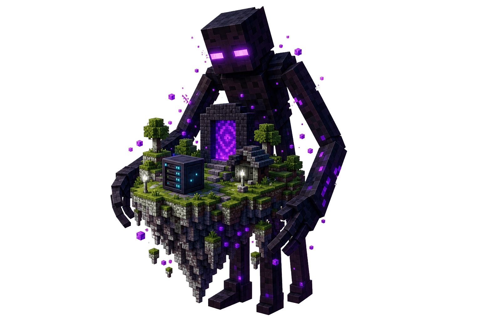 A purple-eyed voxel guardian protecting a floating Minecraft server world